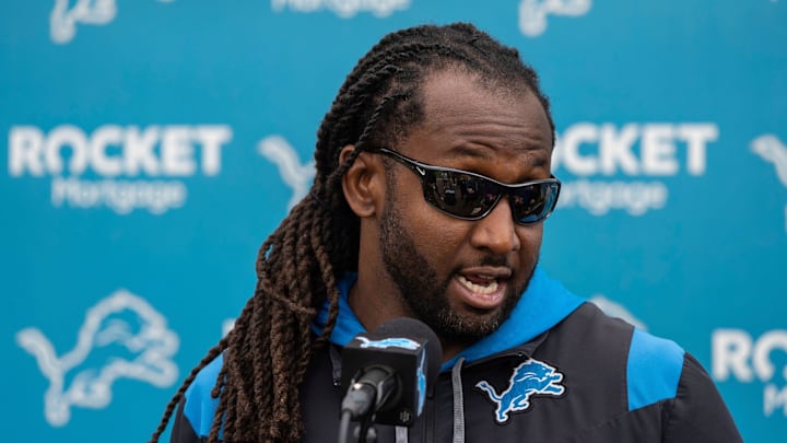 Lions linebacker coach Kelvin Sheppard talks with media during a practice at the Lions practice facility in Allen Park 