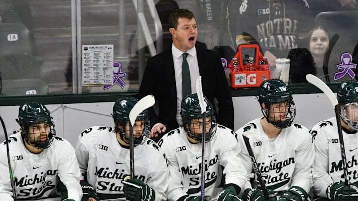 MSU hockey coach Adam Nightingale coaches his Spartans against Notre Dame, Saturday, Nov. 15, 2024, at Munn Ice Arena. MSU won 4-3 to sweep the series.