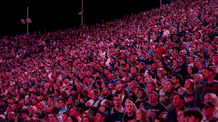 Fans stand for the National Anthem as Auburn Tigers take on Kentucky Wildcats at Jordan-Hare Stadium in Auburn, Ala. on Saturday, Nov. 1, 2025. Kentucky Wildcats defeated Auburn Tigers 10-3.
