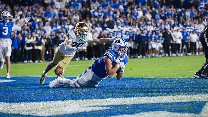 BYU tight end Walker Lyons catches the game-winning touchdown against Notre Dame BYU tight end Walker Lyons catches the game-winning touchdown against Notre Dame
