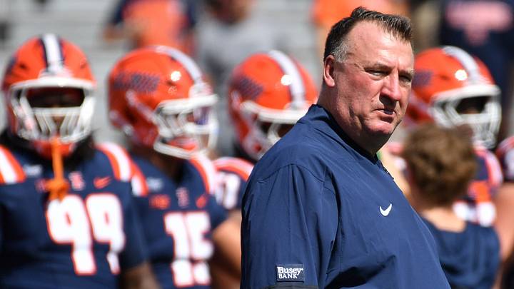 Sep 12, 2026; Champaign, Illinois, USA;  Illinois Fighting Illini head coach Bret Bielema during the first half at against the Duke Blue Devils at Gies Memorial Stadium.  Mandatory Credit: Ron Johnson-Imagn Images