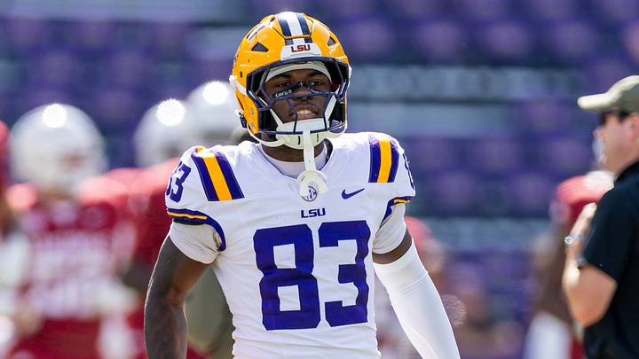 Nov 15, 2025; Baton Rouge, Louisiana, USA;  LSU Tigers wide receiver Taron Francis (83) during warm ups before the game against the Arkansas Razorbacks at Tiger Stadium. Mandatory Credit: Stephen Lew-Imagn Images