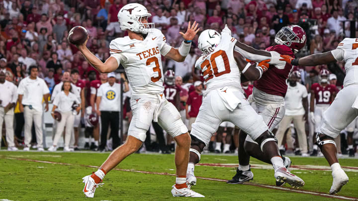Texas Longhorns quarterback Quinn Ewers (3) throws a pass during the game against Alabama at Bryant-Denny Stadium on Saturday, Sep. 9, 2023 in Tuscaloosa, Alabama. Texas Longhorns quarterback Quinn Ewers (3) throws a pass during the game against Alabama at Bryant-Denny Stadium on Saturday, Sep. 9, 2023 in Tuscaloosa, Alabama.
