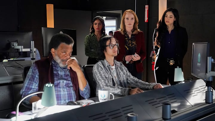 “Shell Game” – The CSI team investigates a case where an ambitious investigative reporter is found dead at a peanut factory. Also, everyone in the crime lab buzzes over who Max will promote to day shift supervisor, on CSI: VEGAS, Thursday, May 11 (10:00-11:00 PM, ET/PT) on the CBS Television Network, and available to stream live and on demand on Paramount+*. Pictured: Lawrence Mandley as Larry Torres, Jared Wernick as Kevin, Mandeep Dhillon as Allie Rajan, Marg Helgenberger as Catherine Willows