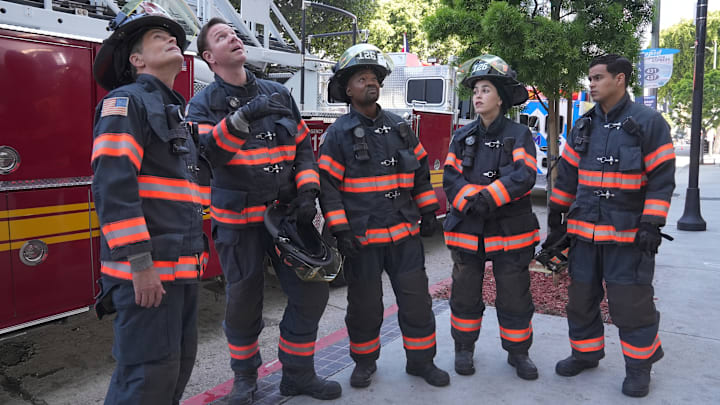 9-1-1 LONE STAR: L-R: Rob Lowe, Jim Parrack, Brian Michael Smith, Natacha Karam, and Julian Works in the "My Way" episode of 9-1-1 LONE STAR airing Monday, Oct 14 (8:00-9:02 PM ET/PT) on FOX. © 2024 Fox Media LLC.