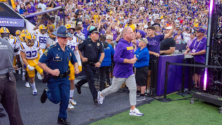 Head Coach Brian Kelly takes the field as the LSU Tigers take on the Nicholls Colonels at Tiger Stadium in Baton Rouge, LA. Saturday, Sept. 7, 2024.