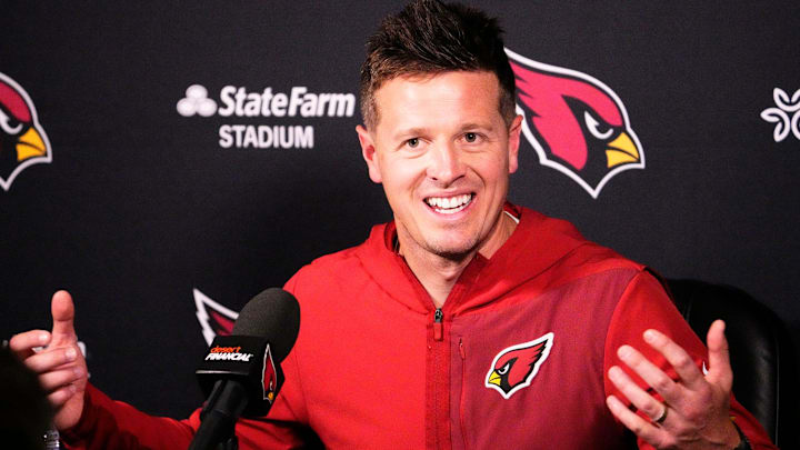 Arizona Cardinals head coach Mike LaFleur talks to the media during rookie mini-camp on May 8, 2026, at the Dignity Health Arizona Cardinals Training Center in Tempe.
