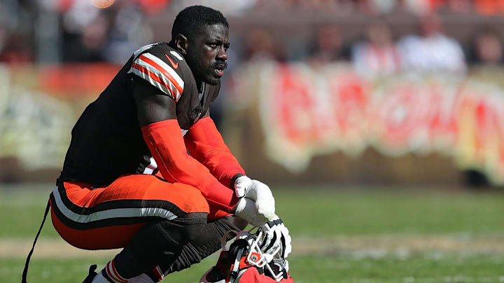 Cleveland Browns linebacker Jeremiah Owusu-Koramoah (6) rests in between plays during the first half of an NFL football game at Huntington Bank Field, Sunday, Oct. 20, 2024, in Cleveland, Ohio.