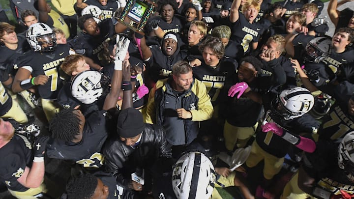 TL Hanna High celebrates a a 42-20 win over JL Mann High at TL Hanna High in Anderson, S.C. Thursday, October 17, 2024. The Jackets are ranked No. 25 this week in our Top 25 South Carolina High School Football rankings. TL Hanna High celebrates a a 42-20 win over JL Mann High at TL Hanna High in Anderson, S.C. Thursday, October 17, 2024. The Jackets are ranked No. 25 this week in our Top 25 South Carolina High School Football rankings.