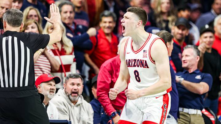 Jan 21, 2026; Tucson, Arizona, USA; Arizona Wildcats forward Ivan Kharchenkov (8) celebrates during the second half of the game against the Cincinnati Bearcats at McKale Memorial Center. Jan 21, 2026; Tucson, Arizona, USA; Arizona Wildcats forward Ivan Kharchenkov (8) celebrates during the second half of the game against the Cincinnati Bearcats at McKale Memorial Center.