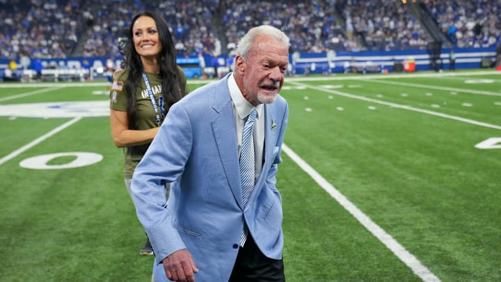 Jim Irsay, Colts team owner, walks to a waiting golf cart with his girlfriend Michelle Paul, on Sunday, Oct. 1, 2023, during a halftime event during the team s 29-23 loss to the Los Angeles Rams at Lucas Oil Stadium in Indianapolis. Jim Irsay, Colts team owner, walks to a waiting golf cart with his girlfriend Michelle Paul, on Sunday, Oct. 1, 2023, during a halftime event during the team s 29-23 loss to the Los Angeles Rams at Lucas Oil Stadium in Indianapolis.