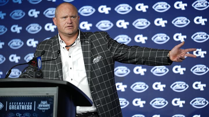 Jul 23, 2025; Charlotte, NC, USA; Georgia Tech Head Coach Brent Key answers questions from the media during ACC Media days at Hilton Charlotte Uptown. Mandatory Credit: Jim Dedmon-Imagn Images