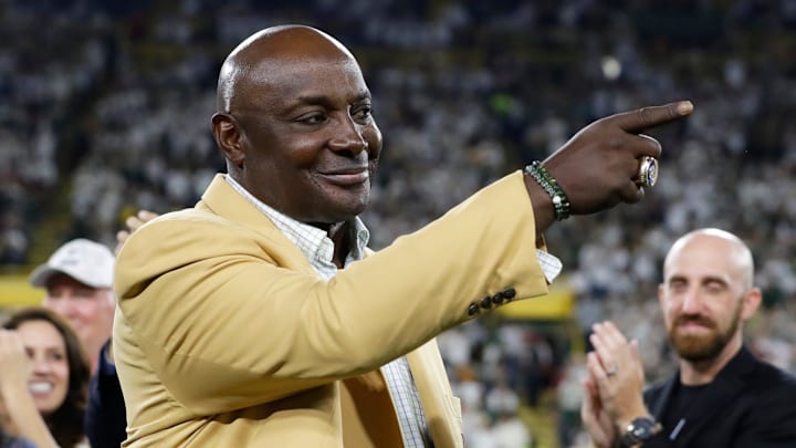 Former Green Bay Packers wide receiver Sterling Sharpe is honored during a game against the Washington Commanders on Sept. 11, 2025, at Lambeau Field in Green Bay, Wis. The Packers defeated the Commanders 27-18.