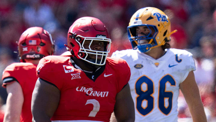 Cincinnati Bearcats defensive tackle Dontay Corleone (2) reacts after making a stop in the second quarter of the College Football game between the Cincinnati Bearcats and the Pittsburgh Panthers at Nippert Stadium in Cincinnati on Saturday, Sept. 7, 2024.