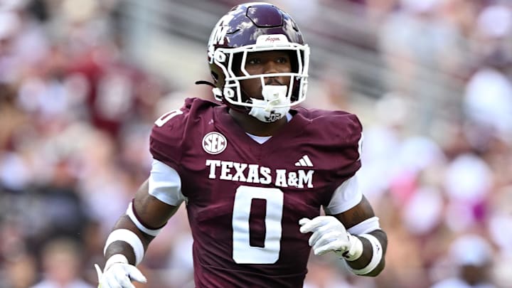 Oct 5, 2024; College Station, Texas, USA; Texas A&M Aggies linebacker Scooby Williams (0) defends in coverage in the fourth quarter against the Missouri Tigers at Kyle Field. Mandatory Credit: Maria Lysaker-Imagn Images. 