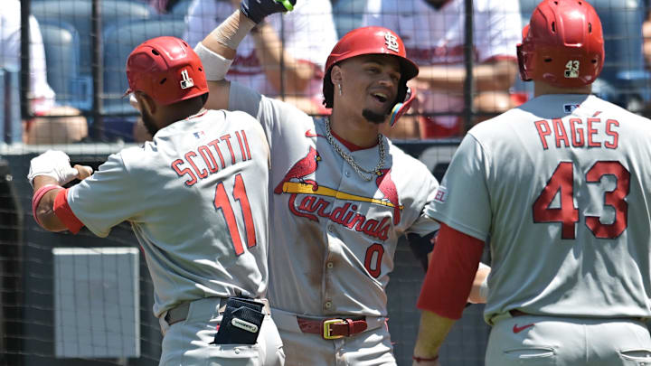 Jun 29, 2025; Cleveland, Ohio, USA; St. Louis Cardinals center fielder Victor Scott II (11) celebrates with shortstop Masyn Winn (0) after hitting a home run during the seventh inning against the Cleveland Guardians at Progressive Field. Mandatory Credit: Ken Blaze-Imagn Images