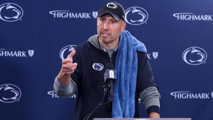 Penn State Nittany Lions head coach Matt Campbell answers questions from the media following the Penn State Blue-White Spring game at Beaver Stadium.