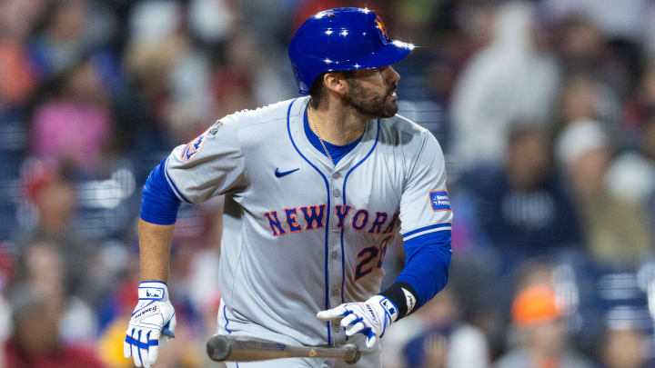 May 15, 2024; Philadelphia, Pennsylvania, USA; New York Mets designated hitter J.D. Martinez (28) hits a home run during the eighth inning against the Philadelphia Phillies at Citizens Bank Park.