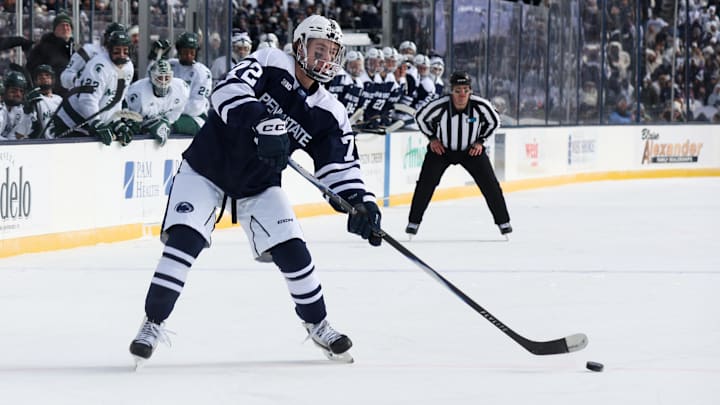 Jan 31, 2026; State College, PA, USA; Penn State Nittany Lions forward Gavin McKenna (72) looks to shoot the puck during the first period against the Michigan State Spartans at Beaver Stadium. Mandatory Credit: Matthew O'Haren-Imagn Images