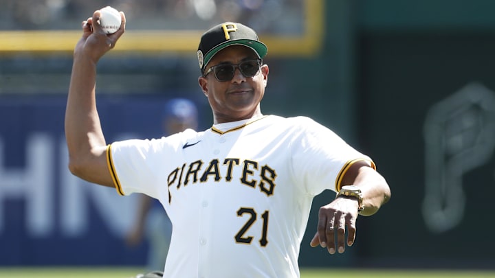 Roberto Clemente Jr., son of former Pittsburgh Pirates right fielder Roberto Clemente, throws out a ceremonial first pitch before the game against the Kansas City Royals at PNC Park. 
