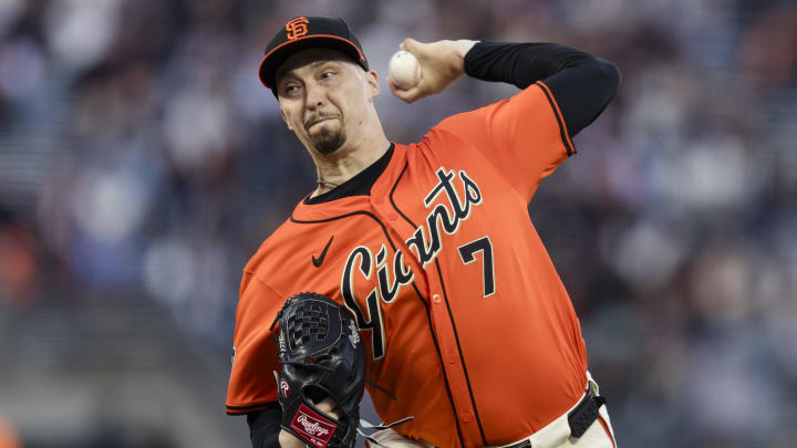 Apr 19, 2024; San Francisco, California, USA;  San Francisco Giants pitcher Blake Snell (7)