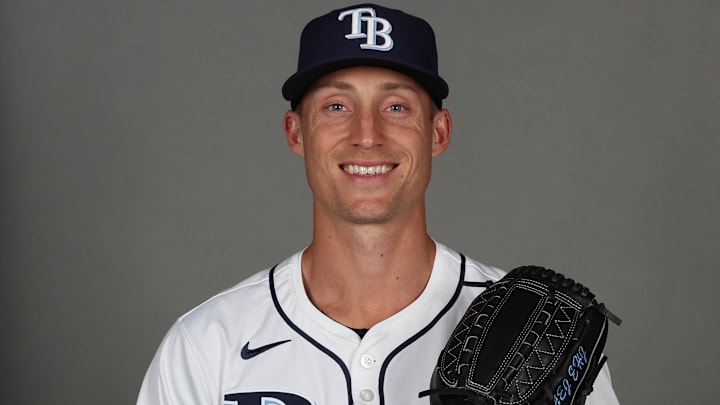 Feb 19, 2026; Port Charlotte, FL, USA; Tampa Bay Rays pitcher Griffin Jax (22) poses for a photo during media day.