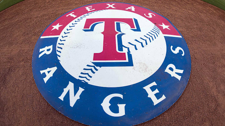 Jul 31, 2015; Arlington, TX, USA; A view the Texas Rangers logo and on deck circle before the game between the Texas Rangers and the San Francisco Giants at Globe Life Park in Arlington. The Rangers defeated the Giants 6-3.
