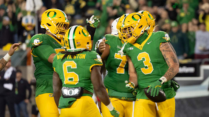 Oregon tight end Terrance Ferguson celebrates a touchdown alongside teammates as the Oregon Ducks host the Maryland Terrapins at Autzen Stadium Saturday, Nov. 9, 2024 in Eugene, Ore.