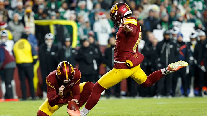Dec 20, 2025; Landover, Maryland, USA; Washington Commanders place kicker Jake Moody (16) kicks a field goal against the Philadelphia Eagles in the first half at Northwest Stadium. Mandatory Credit: Geoff Burke-Imagn Images Dec 20, 2025; Landover, Maryland, USA; Washington Commanders place kicker Jake Moody (16) kicks a field goal against the Philadelphia Eagles in the first half at Northwest Stadium. Mandatory Credit: Geoff Burke-Imagn Images
