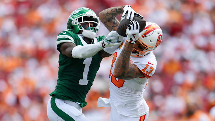 New York Jets cornerback Sauce Gardner makes a play on defense. Gardner was traded to the Indianapolis Colts before the 2025 NFL trade deadline.