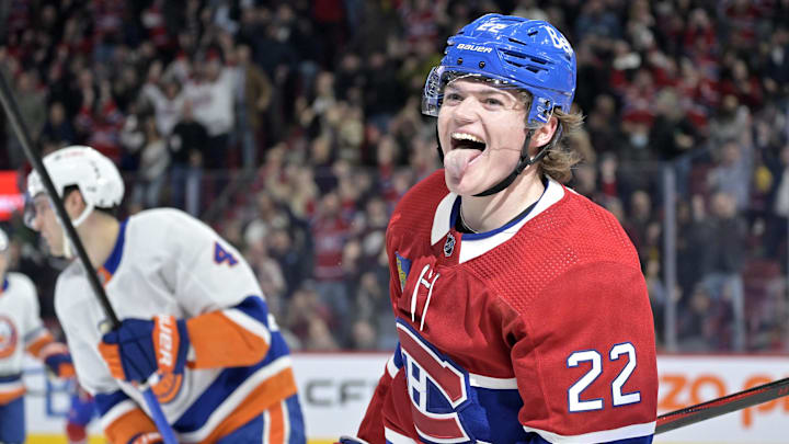 Jan 25, 2024; Montreal, Quebec, CAN; Montreal Canadiens forward Cole Caufield (22) celebrates after