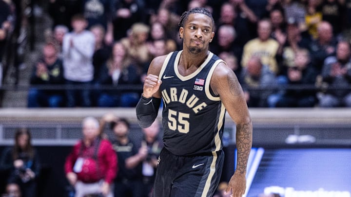 Purdue Boilermakers guard Lance Jones (55) celebrates a made basket 