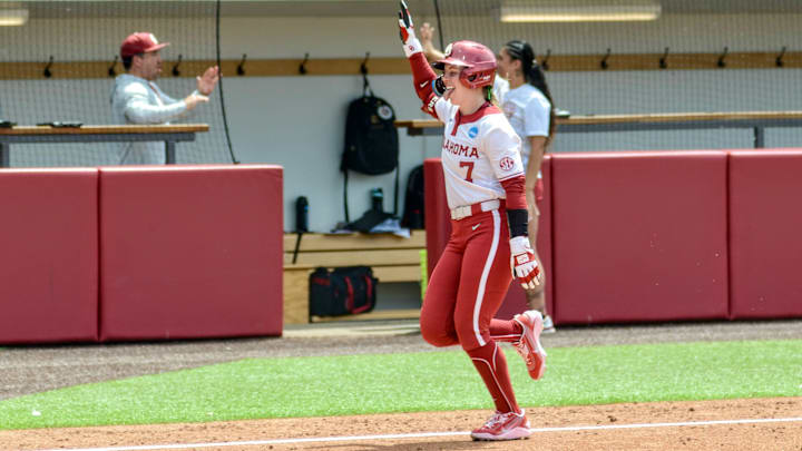 Oklahoma's Kasidi Pickering celebrates her first-inning home run against Binghamton on Friday at Love's Field.