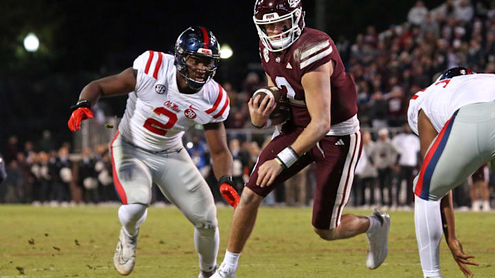 Nov 23, 2023; Starkville, Mississippi, USA; Mississippi State Bulldogs quarterback Will Rogers (2) runs the ball during the second half against the Mississippi Rebels at Davis Wade Stadium at Scott Field. Mandatory Credit: Petre Thomas-USA TODAY Sports