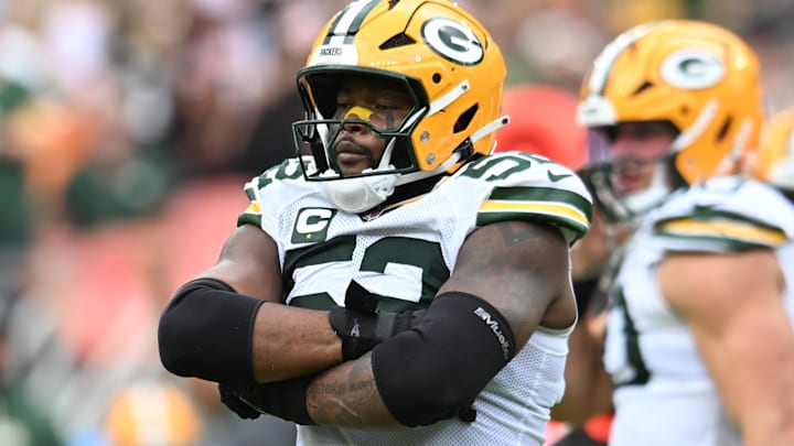 Green Bay Packers defensive end Rashan Gary celebrates after a sack against the Cleveland Browns.