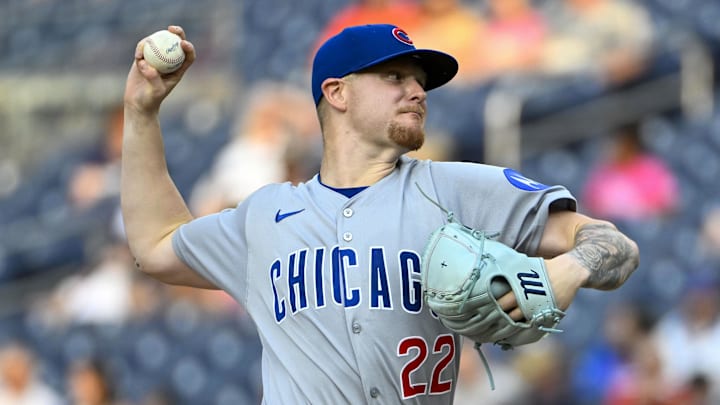 Jun 3, 2025; Washington, District of Columbia, USA; Chicago Cubs starting pitcher Cade Horton (22) throws to the Washington Nationals during the first inning at Nationals Park.