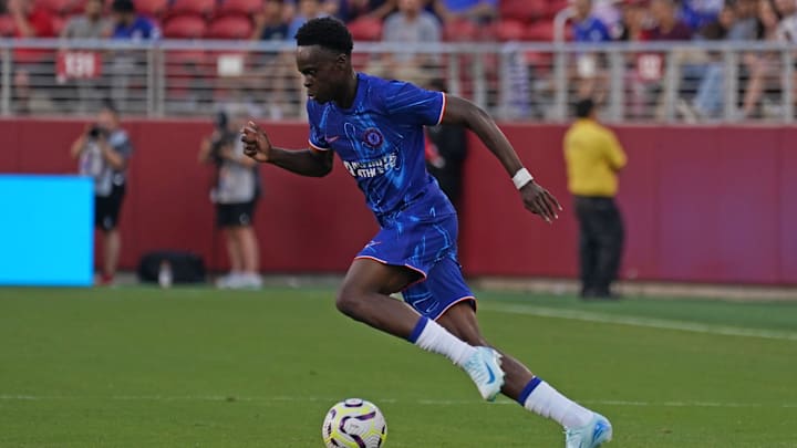 Jul 24, 2024; Santa Clara, CA, USA; Chelsea forward Tyrique George (32) dribbles the ball against Wrexham in the first half at Levi's Stadium. Mandatory Credit: David Gonzales-Imagn Images