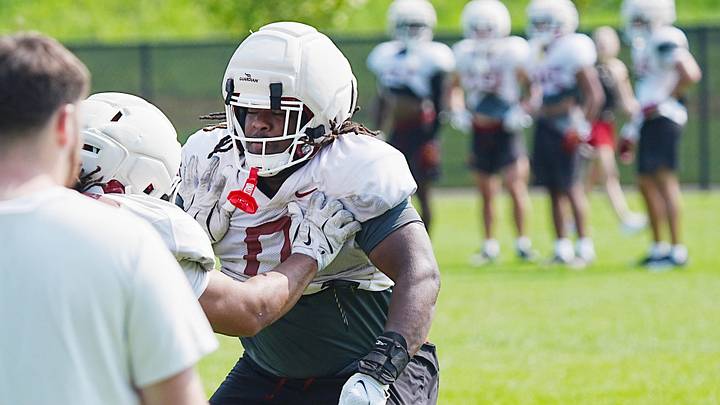 Iowa State defensive tackel Zaimir Hawk (0) battle during a drill in the university’s football open practice at Johnny Majors practice field on August 8, 2026, in Ames, Iowa. Iowa State defensive tackel Zaimir Hawk (0) battle during a drill in the university’s football open practice at Johnny Majors practice field on August 8, 2026, in Ames, Iowa.