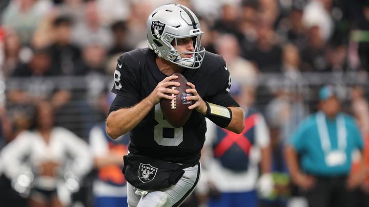 Oct 4, 2026; Paradise, Nevada, USA; Las Vegas Raiders quarterback Kirk Cousins (8) runs with the ball against the Kansas City Chiefs at Allegiant Stadium. Mandatory Credit: David Brytus-Imagn Images