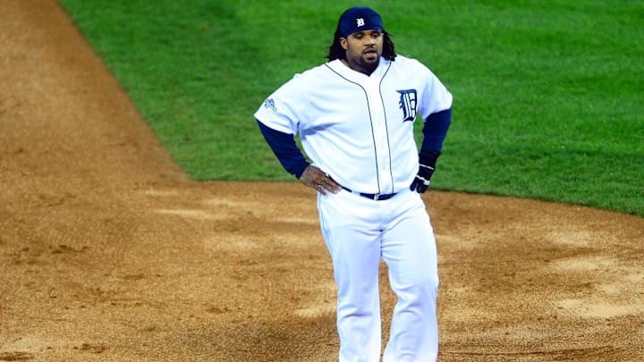 Oct 17, 2013; Detroit, MI, USA; Detroit Tigers first baseman Prince Fielder (28) reacts at the end of the first inning in game five of the American League Championship Series baseball game against the Boston Red Sox at Comerica Park.
