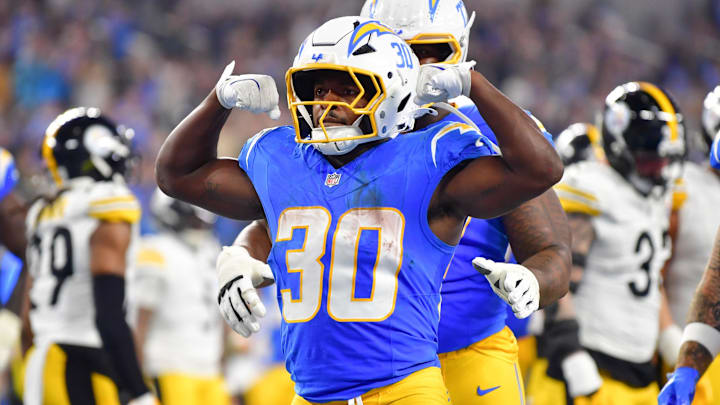 Nov 9, 2025; Inglewood, California, USA; Los Angeles Chargers running back Kimani Vidal (30) celebrates after scoring a touchdown against the Pittsburgh Steelers during the fourth quarter of the game at SoFi Stadium. Mandatory Credit: Gary A. Vasquez-Imagn Images Nov 9, 2025; Inglewood, California, USA; Los Angeles Chargers running back Kimani Vidal (30) celebrates after scoring a touchdown against the Pittsburgh Steelers during the fourth quarter of the game at SoFi Stadium. Mandatory Credit: Gary A. Vasquez-Imagn Images