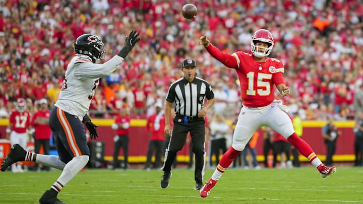 Chiefs quarterback Patrick Mahomes gets off a throw with defensive end Dayo Odeyingbo approaching. Bears GM Ryan Poles is counting on a return by Odeyingbo from an Achilles injury to improve the pass rush. Chiefs quarterback Patrick Mahomes gets off a throw with defensive end Dayo Odeyingbo approaching. Bears GM Ryan Poles is counting on a return by Odeyingbo from an Achilles injury to improve the pass rush.
