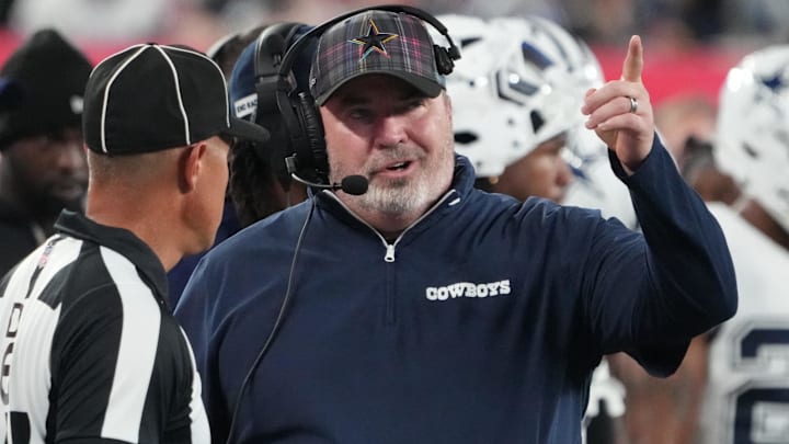  Dallas Cowboys head coach Mike McCarthy speaks with a referee against the New York Giants at MetLife Stadium.