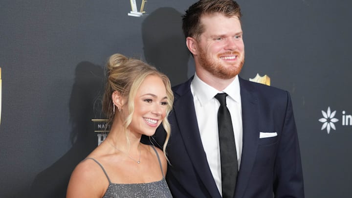 Feb 6, 2025; New Orleans, LA, USA; Sam Darnold and Katie Hoofnagle on the red carpet before Super Bowl LIX NFL Honors at Saenger Theatre.