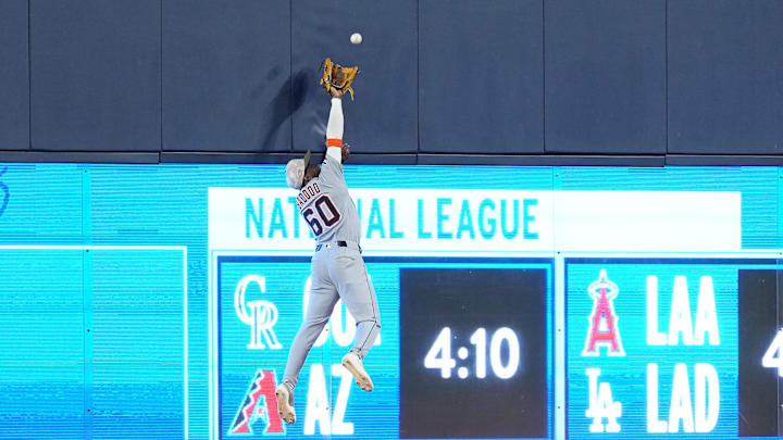 Detroit Tiger left fielder Baddoo catches a fly ball for an out against the Toronto Blue Jays during the first inning at Rogers Centre. 