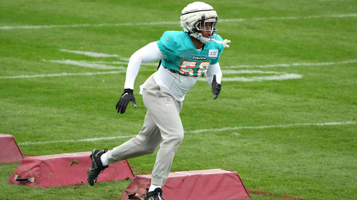 Miami Dolphins linebacker Quinton Bell (56) during practice at the PSD Bank Arena in Germany during the 2023 season. Miami Dolphins linebacker Quinton Bell (56) during practice at the PSD Bank Arena in Germany during the 2023 season.