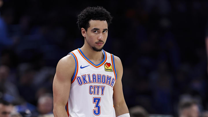 Feb 12, 2026; Oklahoma City, Oklahoma, USA; Oklahoma City Thunder guard Jared McCain (3) prepares to enter the game against the Milwaukee Bucks during the second half at Paycom Center. Mandatory Credit: Alonzo Adams-Imagn Images