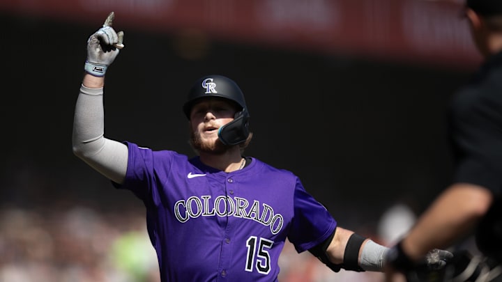 Sep 27, 2025; San Francisco, California, USA; Colorado Rockies catcher Hunter Goodman (15) celebrates his solo home run against the San Francisco Giants during the first inning at Oracle Park.