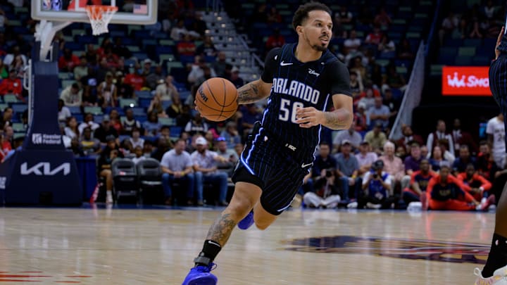 Orlando Magic guard Cole Anthony (50) dribbles against the New Orleans Pelicans at Smoothie King Center.