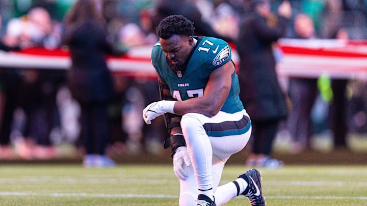 Dec 15, 2024; Philadelphia, Pennsylvania, USA; Philadelphia Eagles linebacker Nakobe Dean (17) before action against the Pittsburgh Steelers at Lincoln Financial Field. Mandatory Credit: Bill Streicher-Imagn Images
